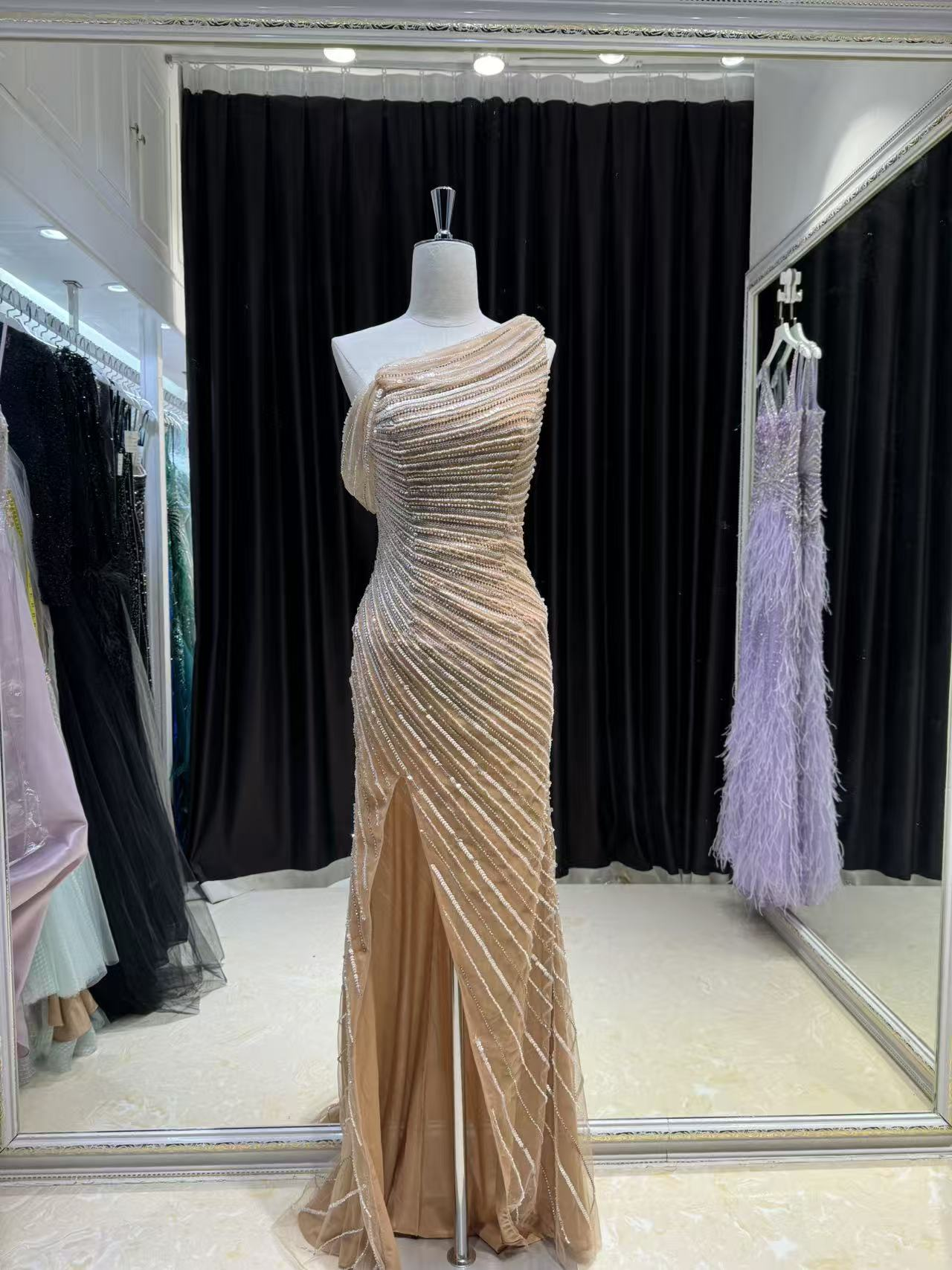 Champagne Streak One-Shoulder Gown