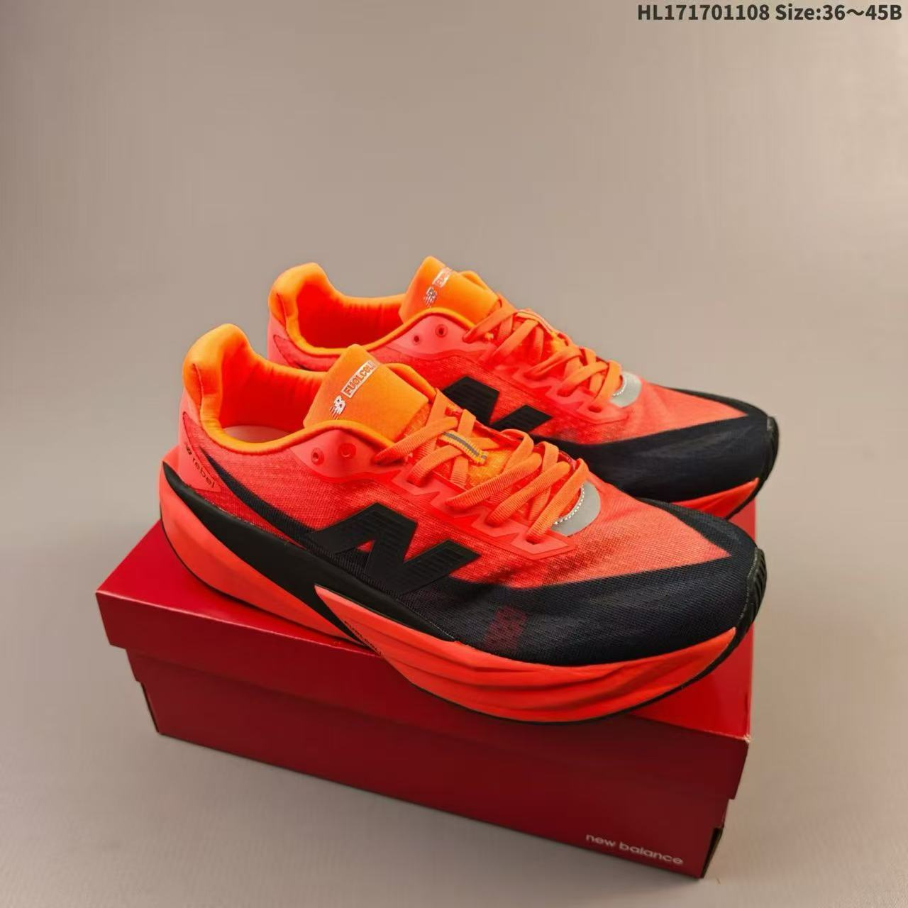 New Balance FuelCell, a minimalist, fabric mesh, slip-resistant, abrasion-resistant, breathable, lightweight, low-cut marathon running shoe.