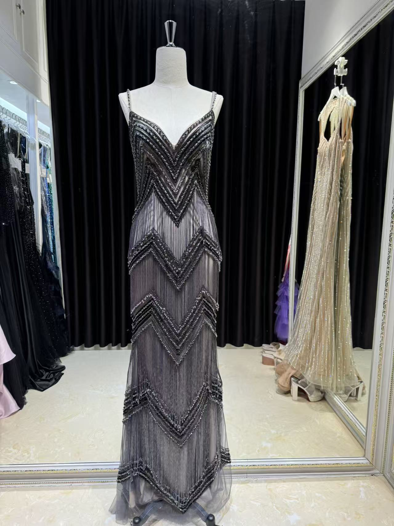 Midnight Chevron Fringe Gown