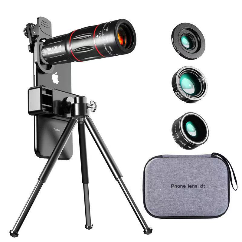 Mobile phone long-zoom telescope 28X, wide-angle macro, fisheye, 4-in-1 kit, phonelens, high-definition external camera.